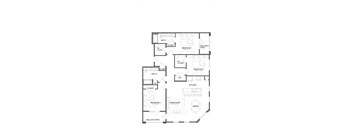 A floor plan of a house with three bedrooms, a living room, a kitchen, a dining room, a bathroom, and a utility room.