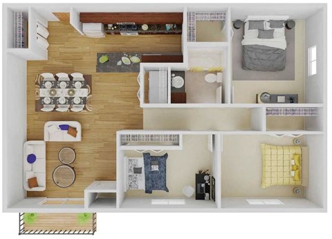 a 3d floor plan of a house with a bedroom and a living room