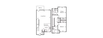 A floor plan of a home with a living room, kitchen, pantry, and two bedrooms.