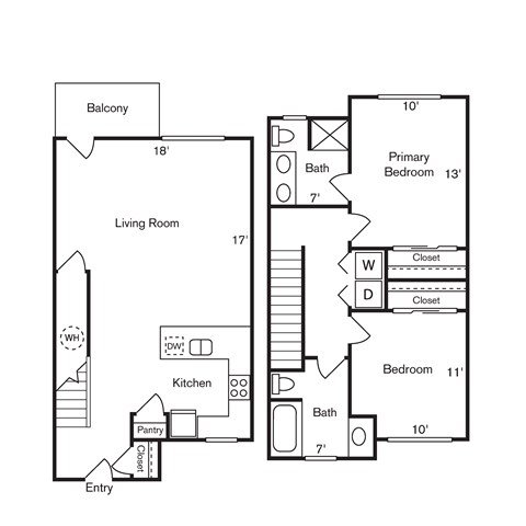 A floor plan of a home with a living room, kitchen, pantry, and two bedrooms.