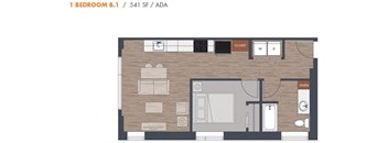 541sf One Bedroom B1 Floorplan