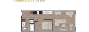 Open One Bedroom Floorplan A1 A2