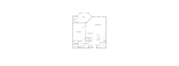 A floor plan of a house with a living room, dining area, kitchen, bedroom, bathroom, walk-in closet, and storage.