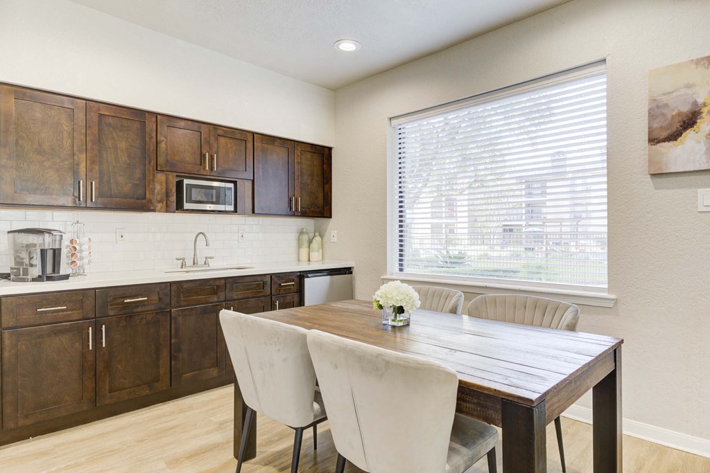 Clubhouse kitchen at Magnolia Terrace, a pet-friendly apartment community in Far West Houston, Houston, TX.