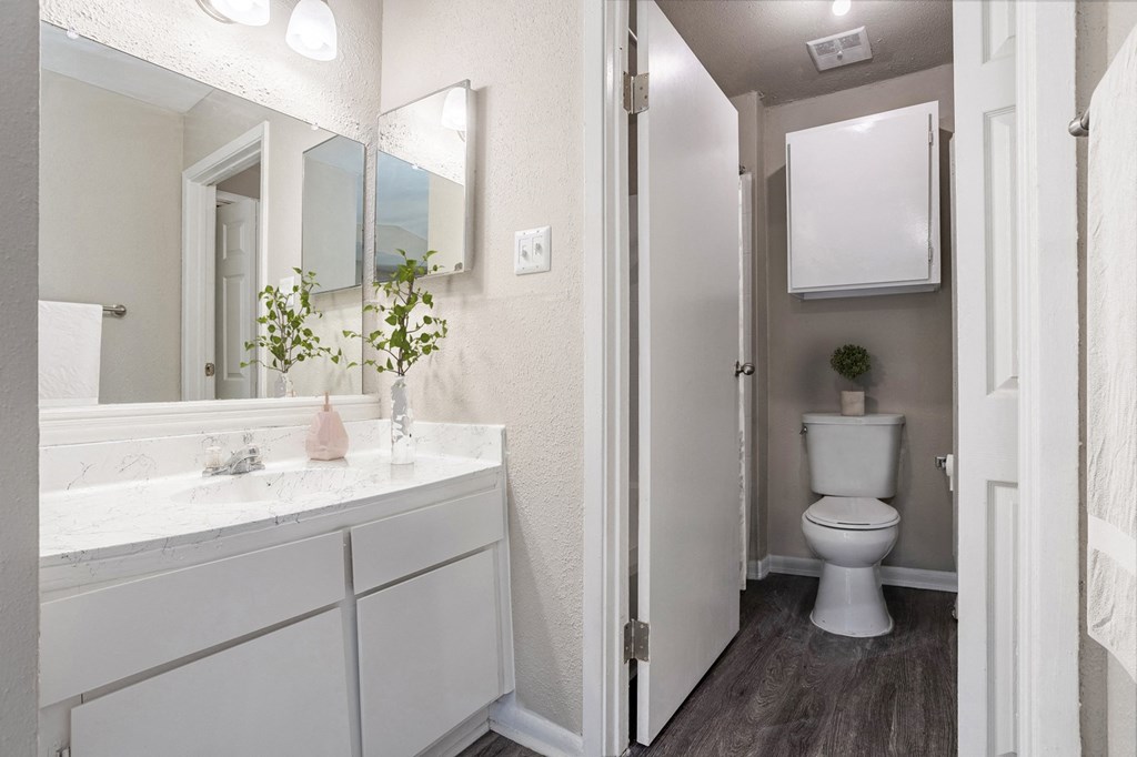 Bathroom with large mirror at Magnolia Terrace, a pet-friendly apartment community in Far West Houston, Houston, TX.