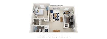 this is a 3d floor plan of a 849 square foot 1 bedroom apartment at the