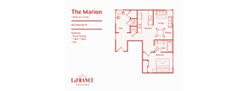 A red floor plan of a one bedroom condo with a list of features and the address LaFrance Square.