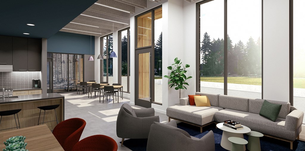 a rendering of a living room with a kitchen and dining area