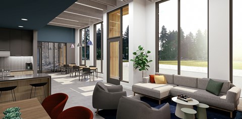 a rendering of a living room with a kitchen and dining area