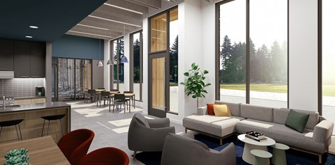 a rendering of a living room with a kitchen and dining area