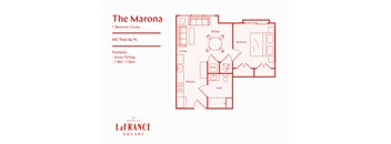 A floor plan of a one bedroom condo with a living room, dining room, kitchen, and bath.