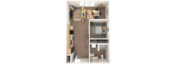 A top-down view of a small, well-organized apartment with a kitchen, living room, and bedroom.