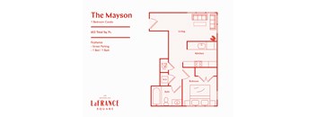 A red line drawing of a one bedroom condo layout.