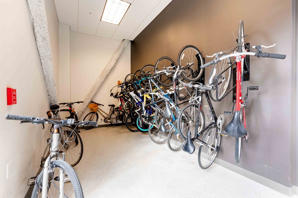 a group of bikes parked in a room