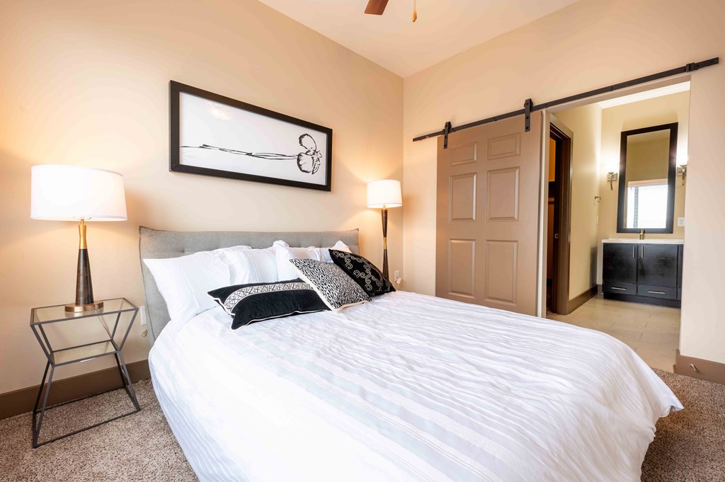 a bedroom with a large bed and a closet