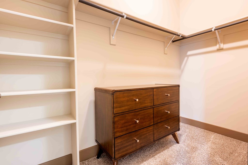 a walk in closet with a dresser and