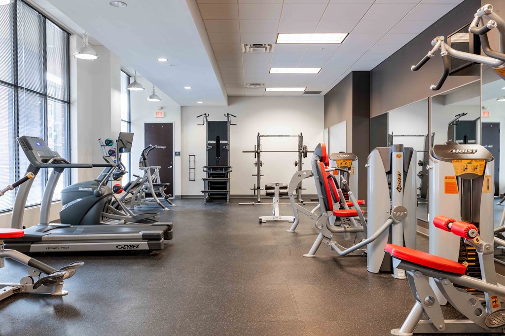 a gym with cardio equipment and weights on the floor