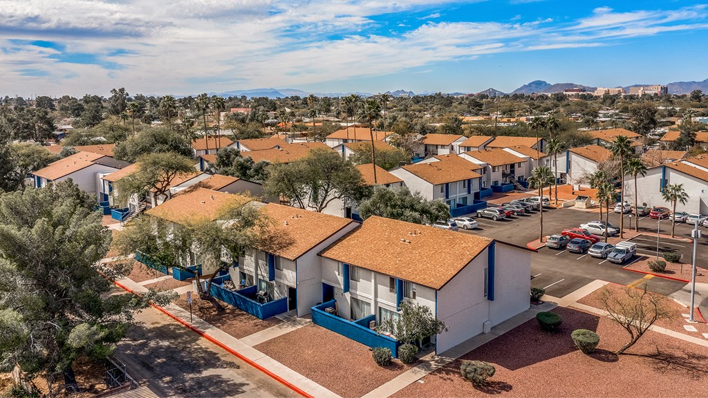 Exterior building overview at Midtown on Seneca, a pet-friendly apartment community near East Central Tucson, Tucson, AZ.