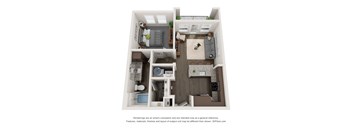 A 3D floor plan of a small apartment with a kitchen, living room, and bathroom.