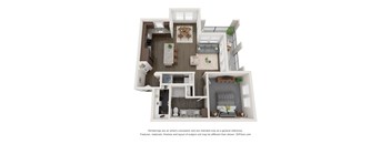 A 3D floor plan of a house with a kitchen, living room, and two bedrooms.