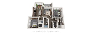 A 3D floor plan of a house with a living room, kitchen, dining room, and bedrooms.