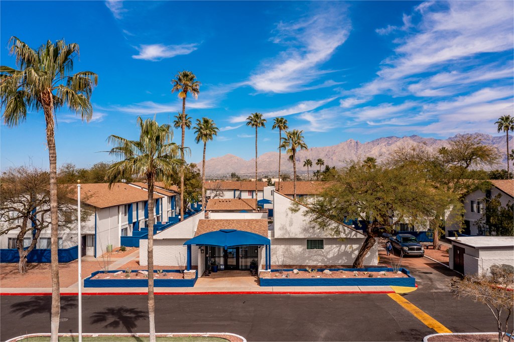 Exterior of the leasing office at Midtown on Seneca, a pet-friendly apartment community near East Central Tucson, Tucson, AZ.