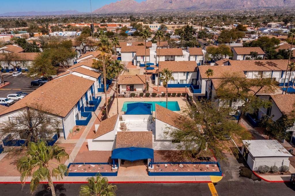Aerial view of Midtown on Seneca, a pet-friendly apartment community near East Central Tucson, Tucson, AZ.