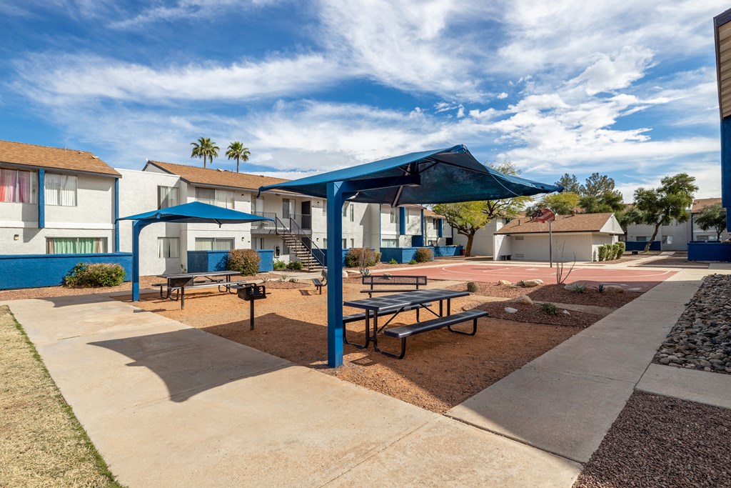 Shaded picnic lounge at Midtown on Seneca, a pet-friendly apartment community near East Central Tucson, Tucson, AZ.
