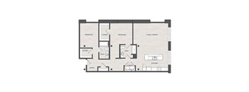 A floor plan of a house with two bedrooms, a living/dining area, a kitchen, a laundry room, and an entry point.