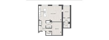 A floor plan of a house with two bedrooms, a living room, a kitchen, a bathroom, an entry, and a closet.
