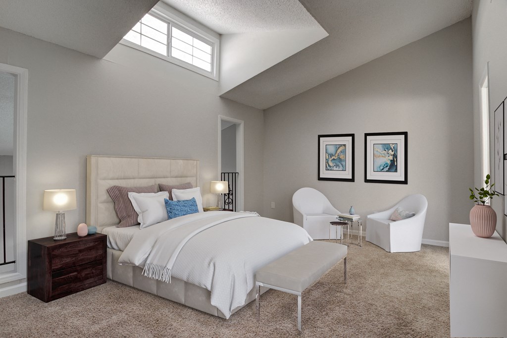Bedroom at Mirador at Idlewood in Clarkston, Georgia, with ample natural light and a cozy, inviting atmosphere.