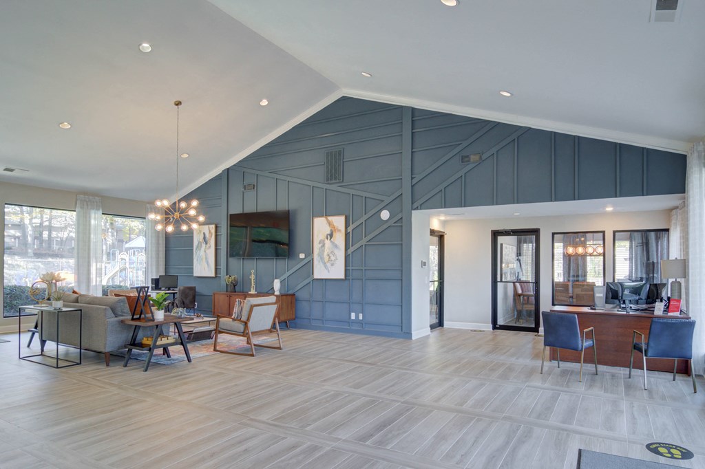 Leasing office area at Mirador at Idlewood in Clarkston, Georgia, with a welcoming reception desk and professional workspace for resident services.