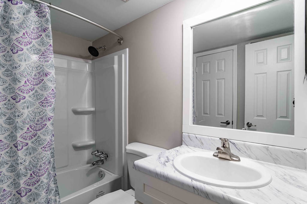 Mirador at Peachtree Apartments photo of bathroom with shelving in shower