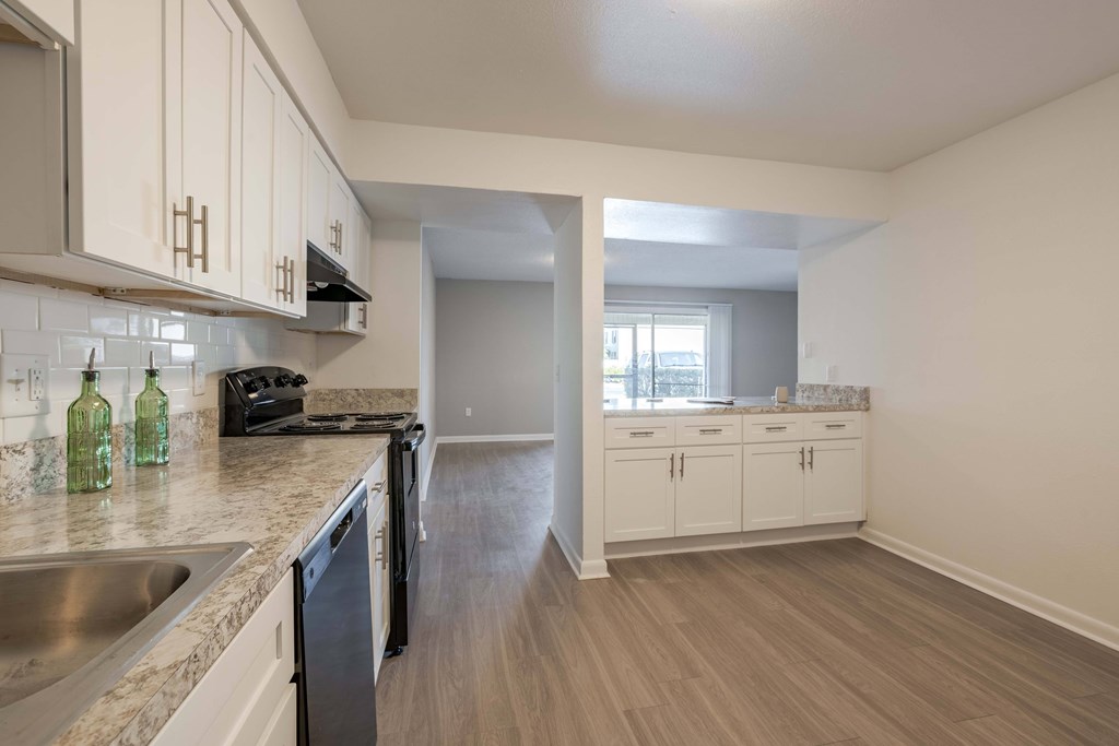 A kitchen with a sink, stove, and cabinets.