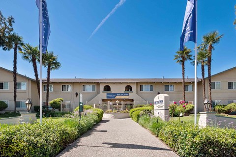 Gilroy, CA, Apartments for Rent - Mission Park - Leasing Office With Landscaping, Pathway, Palm Trees, Leasing Signage, and Two-Story Building Under Bright Blue Sky.