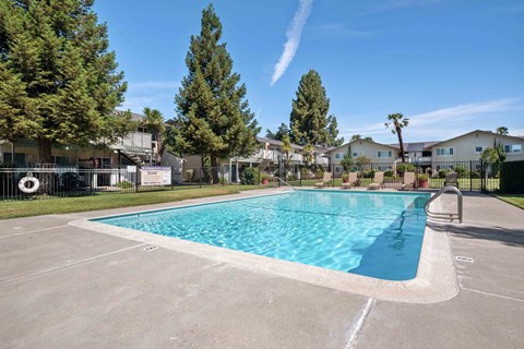 Pet-Friendly Apartments in Gilroy, CA - Mission Park - Outdoor Swimming Pool With Sun Deck, Clear Blue Water, Lounge Seating, Mature Trees, and Apartment Homes.