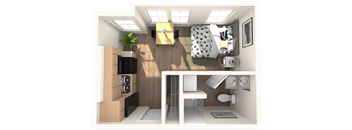 A 3D rendered image of a small, modern apartment with a kitchen, living room, and bathroom.