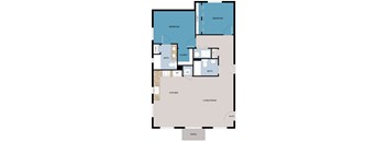 A floor plan of a house with a living room, kitchen, two bedrooms, and two bathrooms.