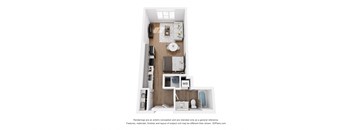 a stylized floor plan with a bedroom and a living room