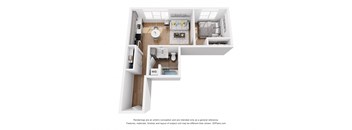 a stylized floor plan with a bedroom and a living room