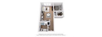 a stylized floor plan with a bedroom and a living room
