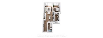 a stylized drawing of a 1 bedroom floor plan with a kitchen and living room