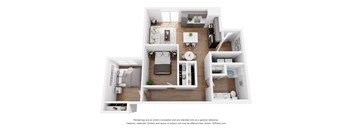a stylized floor plan with a bedroom and a living room