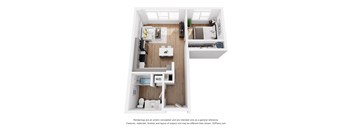 a stylized floor plan with a bedroom and a living room