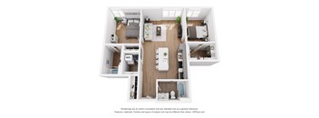 a stylized floor plan with a bedroom and a living room