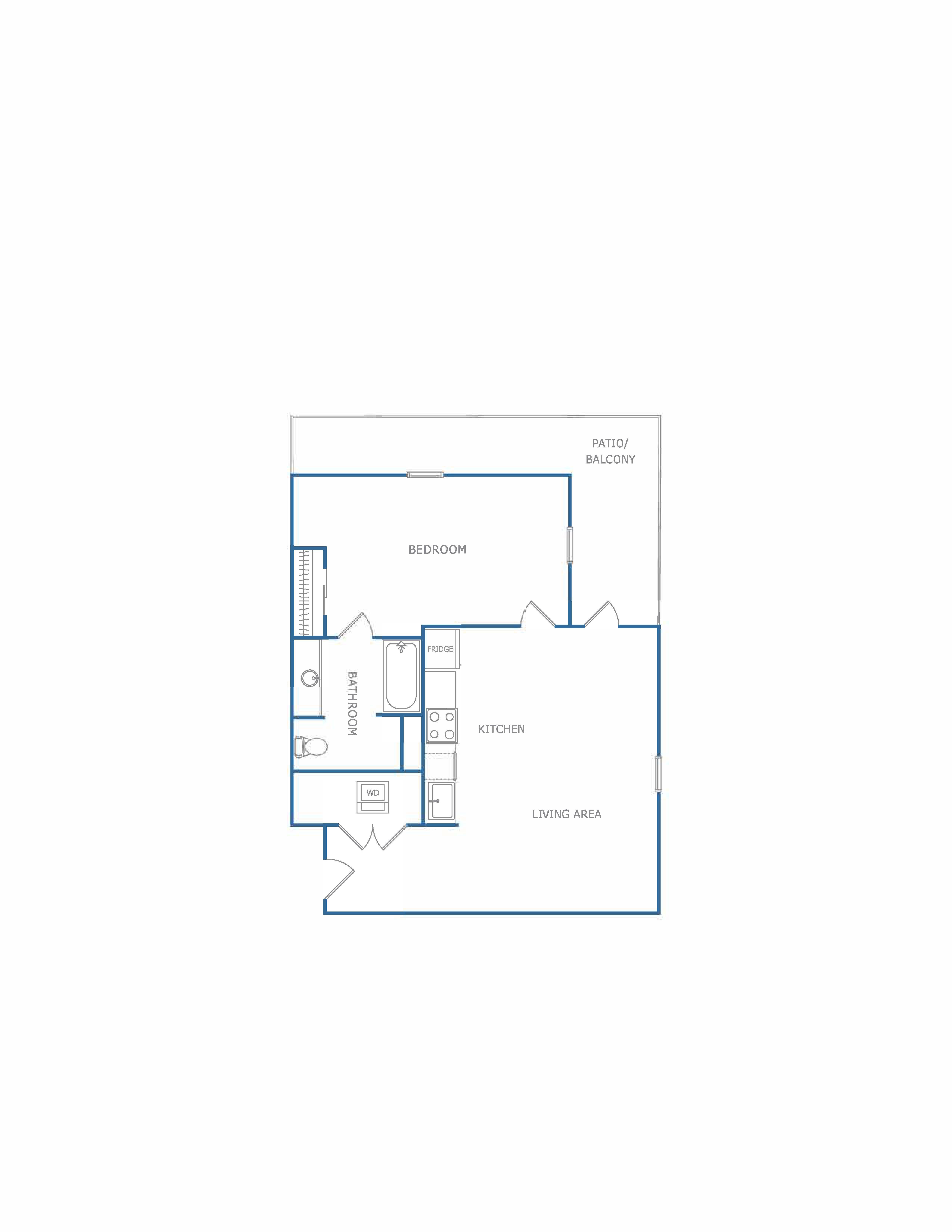 A blueprint of a house with labeled rooms such as a patio, bedroom, and kitchen.