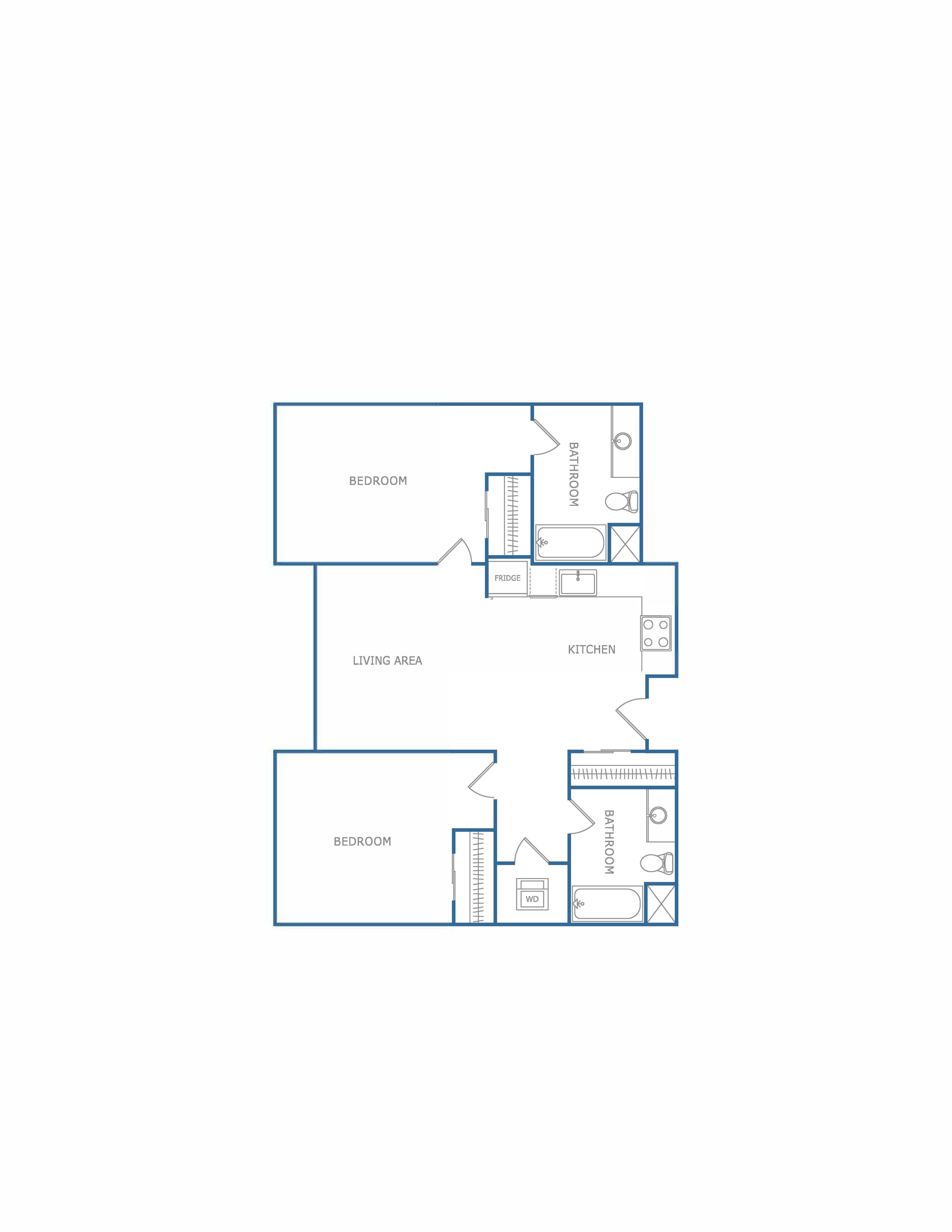 A blueprint of a house with labeled rooms and appliances.