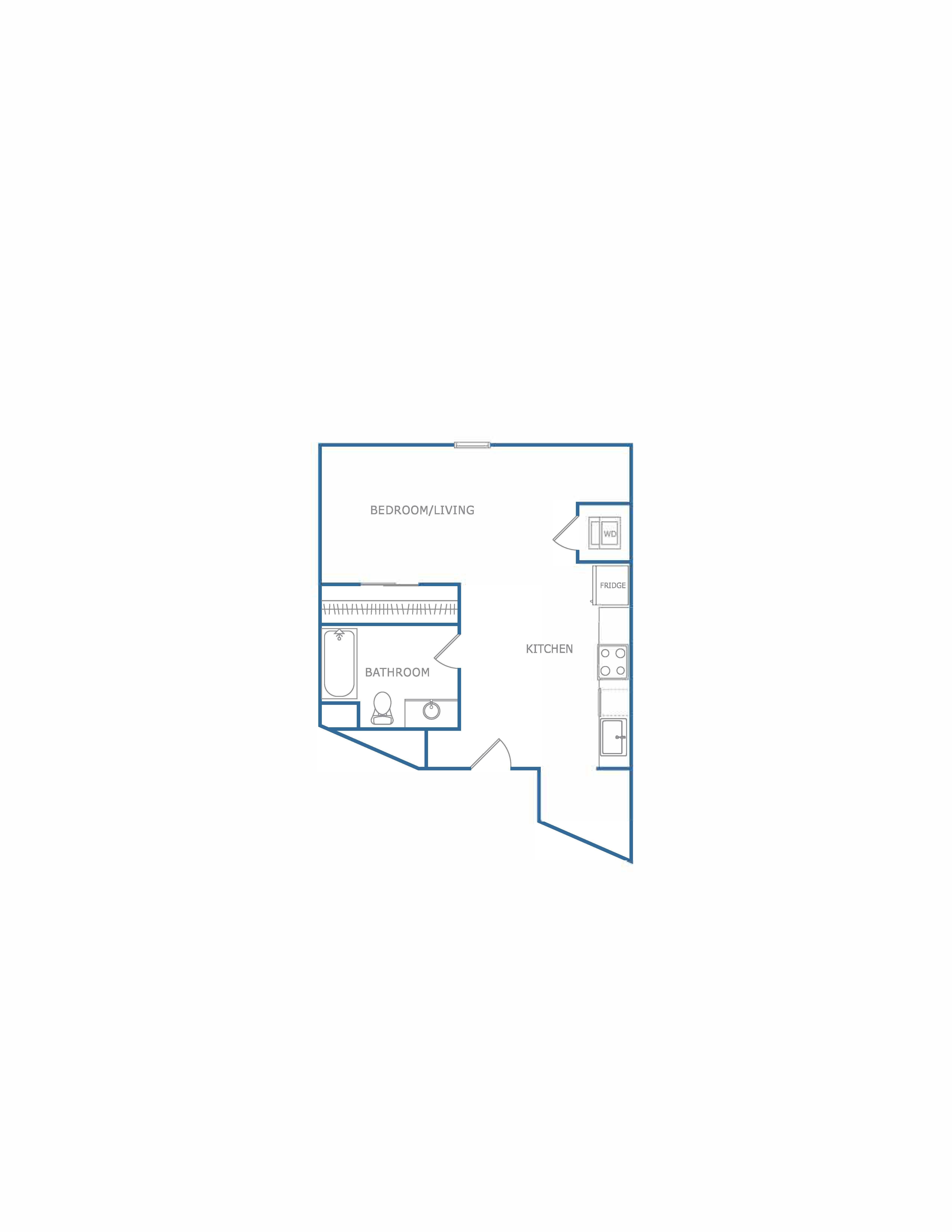A floor plan of a room with a bedroom, living room, kitchen, and bathroom.