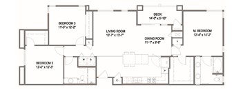 A floor plan of a house with three bedrooms, a living room, a dining room, a kitchen, and a deck.