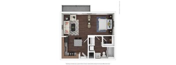 a stylized floor plan of a 1 bedroom apartment